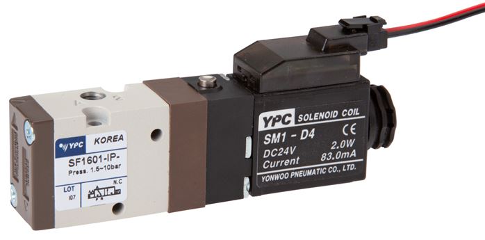 Exemplaire exposé: Électrovanne 3/2 voies avec retour en position initiale à ressort (NC ou NO) avec fiche carrée SY100