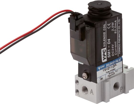 Exemplaire exposé: Électrovanne 3/2 voies avec retour en position initiale à ressort (NC ou NO) avec fiche carrée SY100