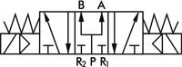 Symbole de commutation: Électrovanne 5/3 voies (position médiane ventilée)